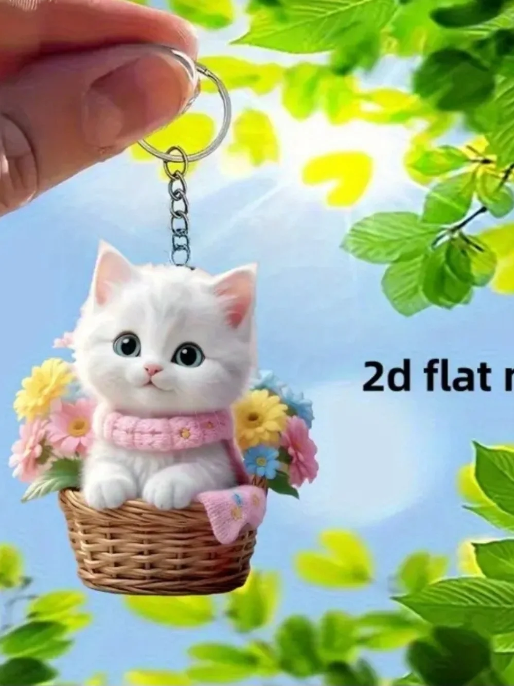 Pink-Scarf White Kitten Sticker with Floral Basket